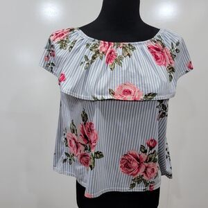 TMG New York Medium Striped Floral Crop Top Off the Shoulder Ruffle Cottagecore